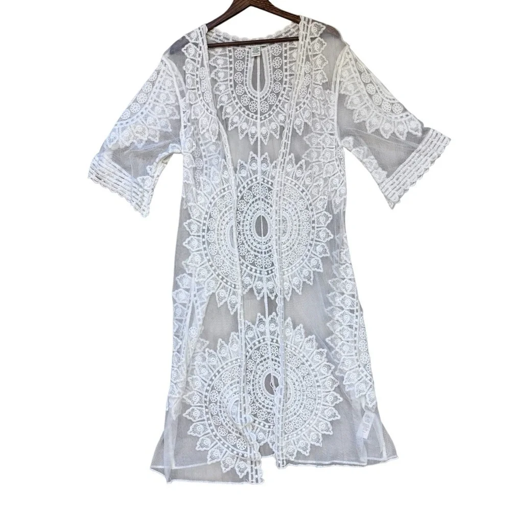 Rachel Zoe Lace Kimono Cover Up Duster White Sheer Bohemian